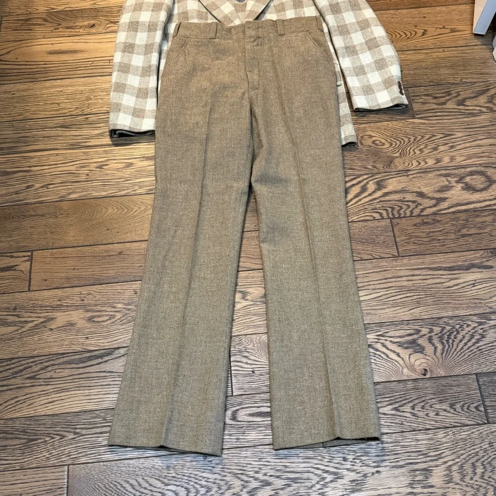 Vintage Topman 3pc.‎ Tan & Cream Buffalo Plaid Wool Suit Size Medium-ish C35